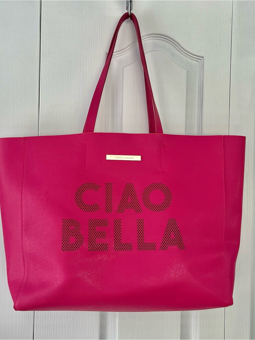 Vince Camuto Ciao Bella Hot Pink Tote Bag. Orange interior